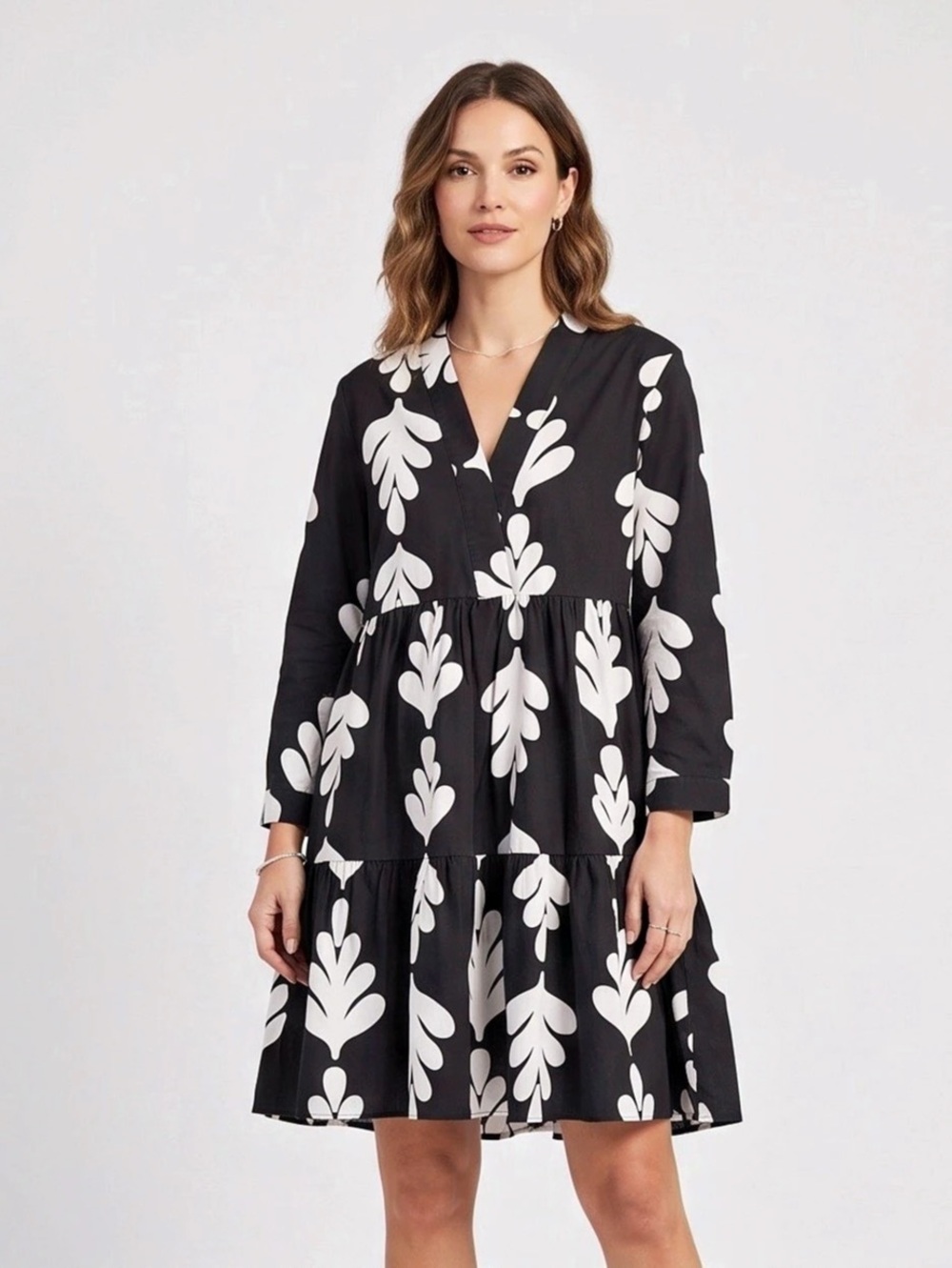 ARKET 100% Pure Cotton Tiered Botanical Leaf Print Midi Dress - Medium